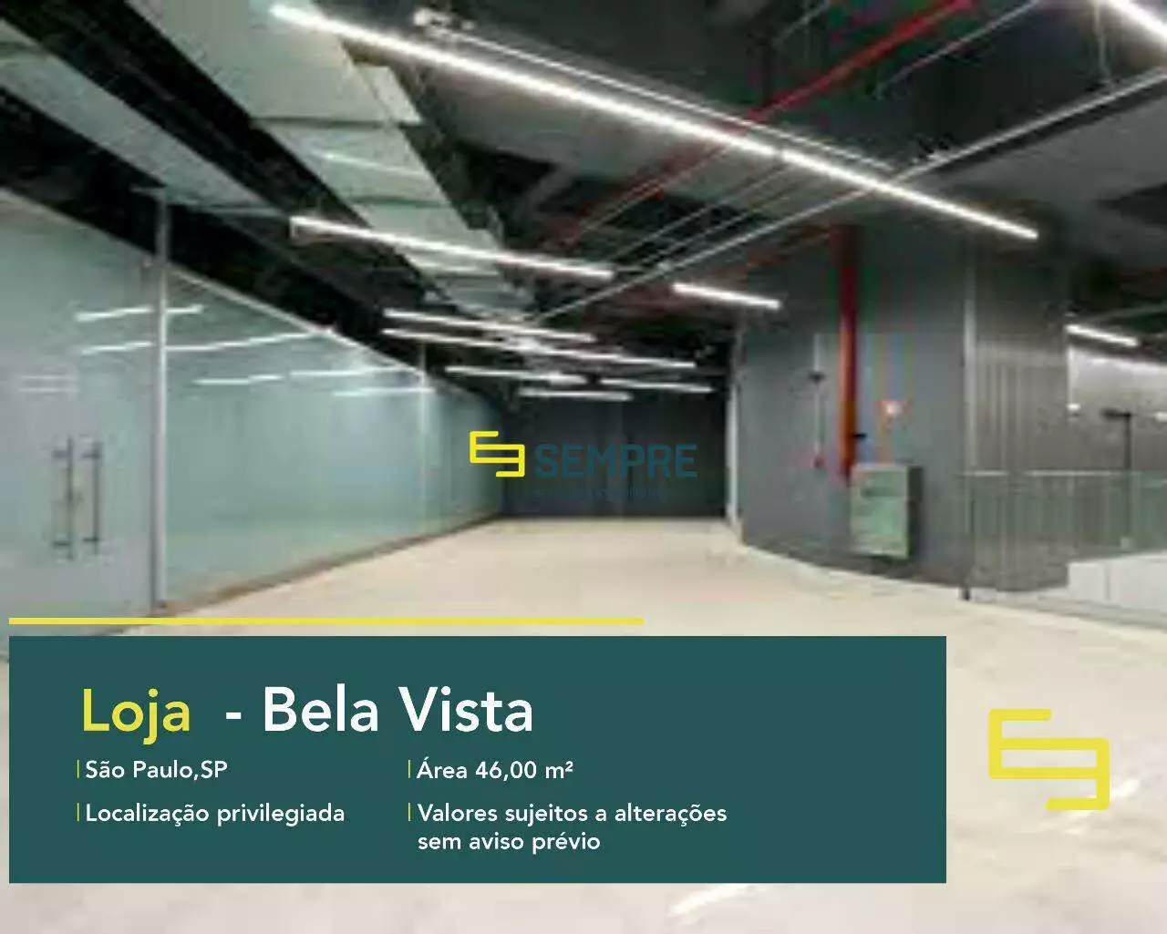 Loja para locação no bairro Bela Vista em São Paulo, excelente localização. O estabelecimento comercial conta com área de 46,02 m².