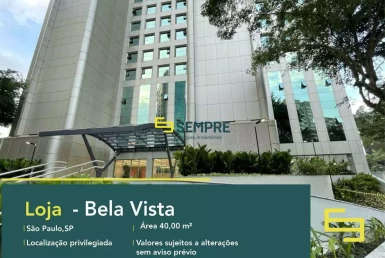 Loja para locação na cidade de São Paulo - Bela Vista, excelente localização. O estabelecimento comercial conta com área de 40,99 m².