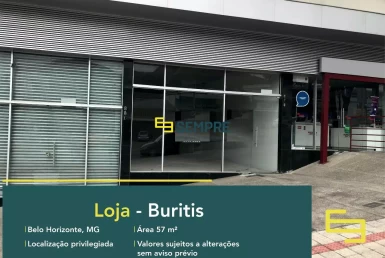 Loja para locação no bairro Buritis em BH, em excelente localização. O estabelecimento comercial conta com área de 57,20 m².