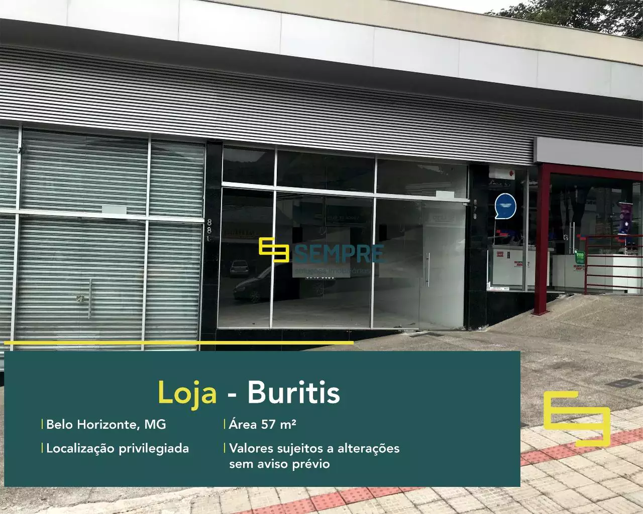 Loja para locação no bairro Buritis em BH, em excelente localização. O estabelecimento comercial conta com área de 57,20 m².