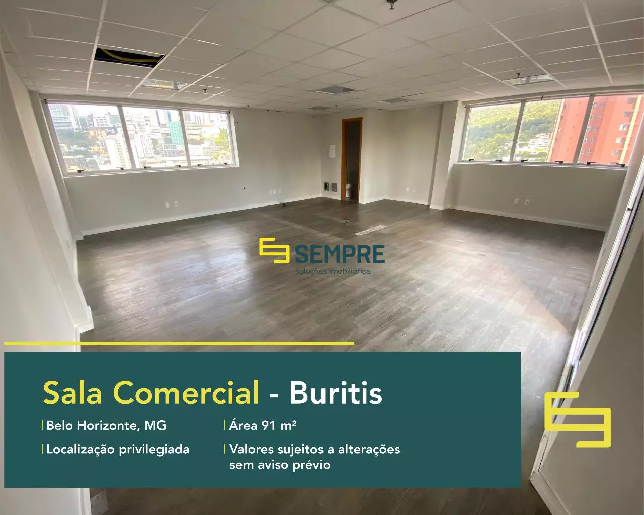 Sala comercial para alugar no Buritis em BH, em excelente localização. O estabelecimento comercial conta com área de 91,09 m².
