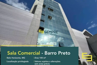 Sala comercial no bairro Barro Preto para locação - BH, excelente localização. O estabelecimento comercial conta com área de 100 m².