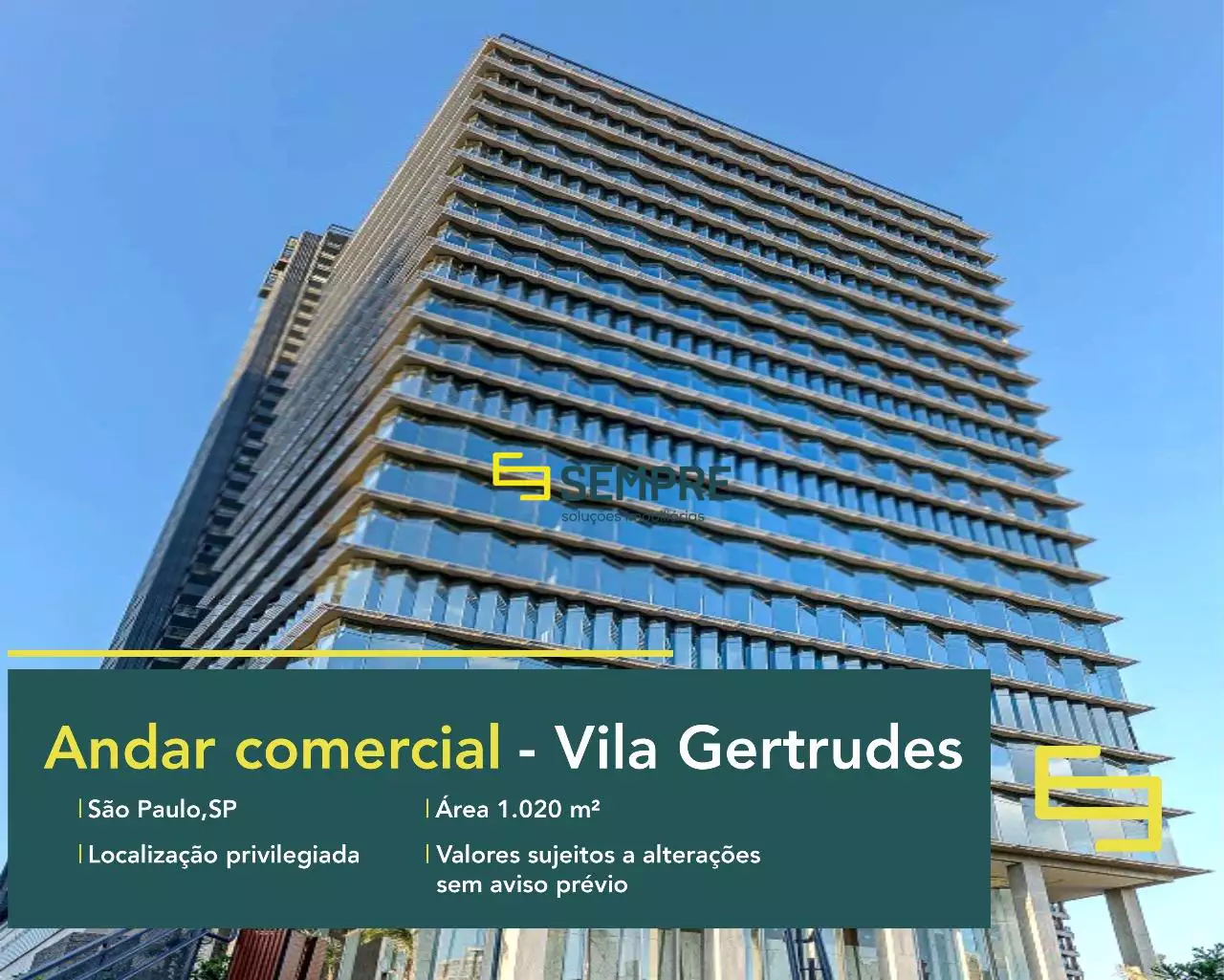 Andar corrido na Vila Gertrudes para locação em SP, em excelente localização. O estabelecimento comercial conta com área de 1.020 m².