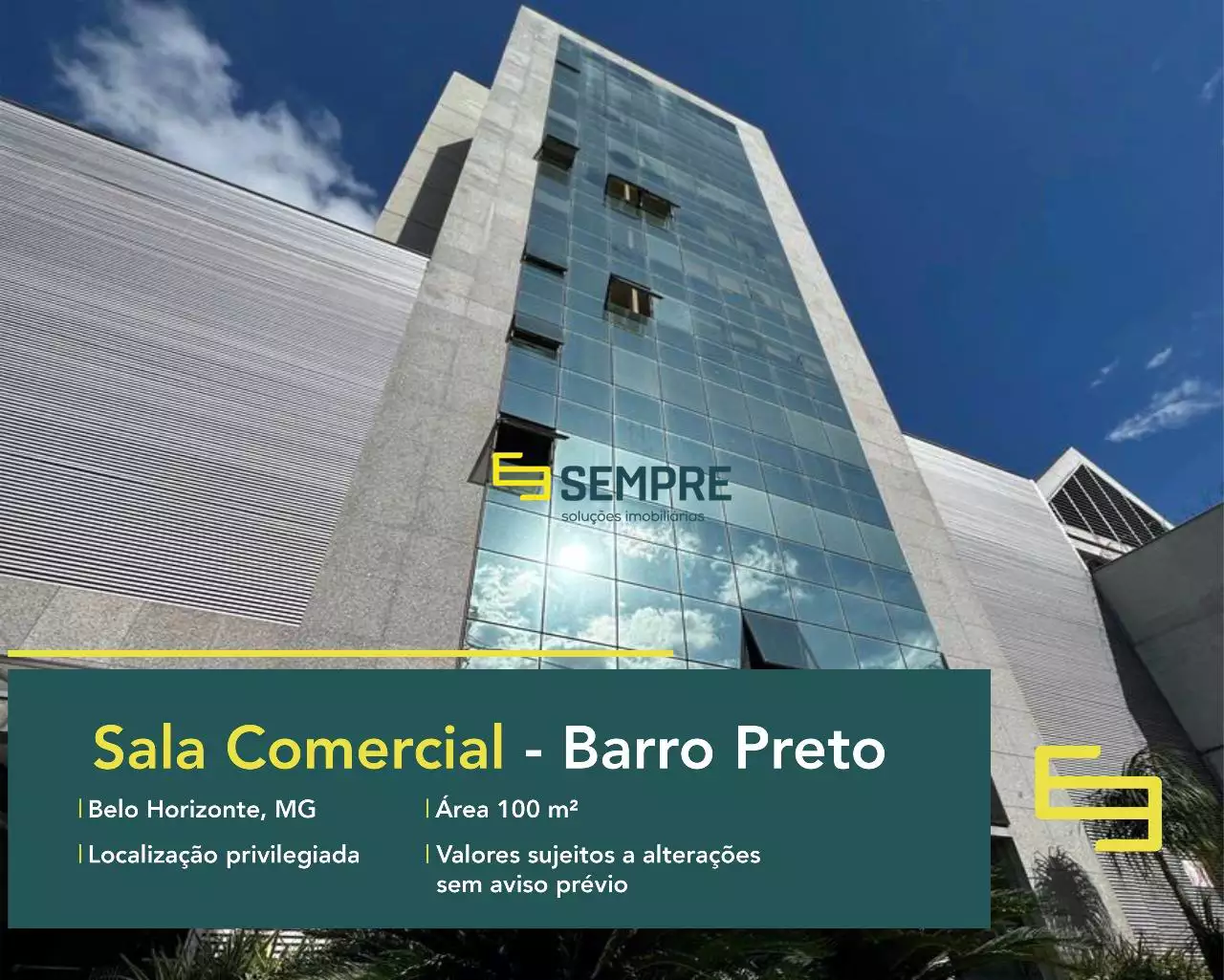 Sala comercial no bairro Barro Preto para locação - BH, excelente localização. O estabelecimento comercial conta com área de 100 m².