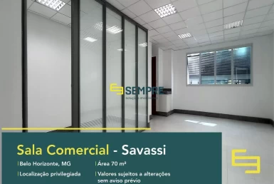 Venda de sala comercial na Savassi em Belo Horizonte, em excelente localização. O estabelecimento comercial conta com área de 70 m².