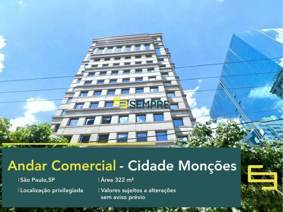 Andar corporativo para locação em SP - Cidade Monções, em excelente localização. O ponto comercial conta com área de 322 m².