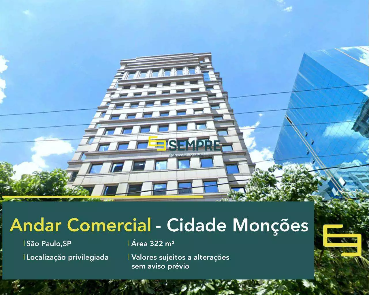 Andar corporativo para locação em SP - Cidade Monções, em excelente localização. O ponto comercial conta com área de 322 m².