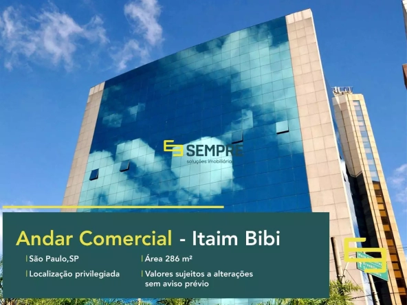 Andar corporativo no Isabella Plaza no Itaim Bibi/SP, em excelente localização. O ponto comercial conta com área de 296 m².