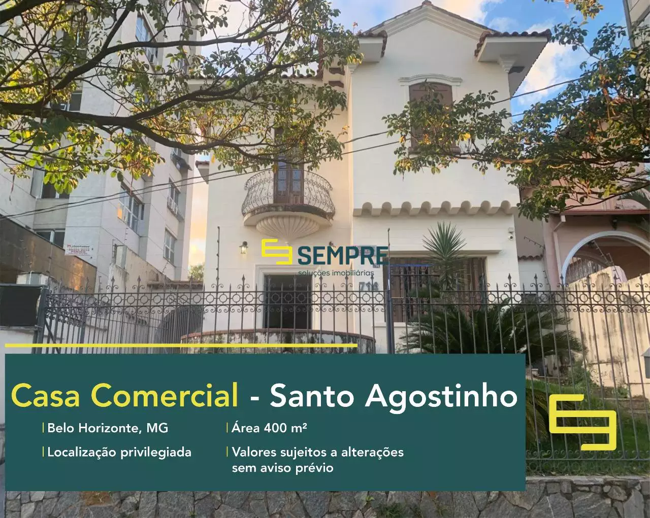 Casa comercial no Santo Agostinho para alugar em Belo Horizonte, em excelente localização. O ponto comercial conta com área de 400 m².