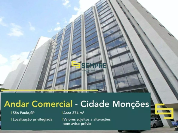 Andar comercial na Cidade Monções para locação em São Paulo, em excelente localização. O ponto comercial conta com área de 374,80 m².