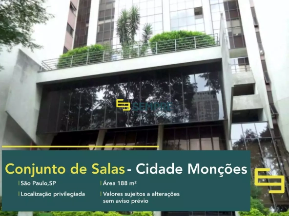 Conjunto de salas para locação na Cidade Monções em São Paulo, em excelente localização. O ponto comercial conta com área de 188,32 m².