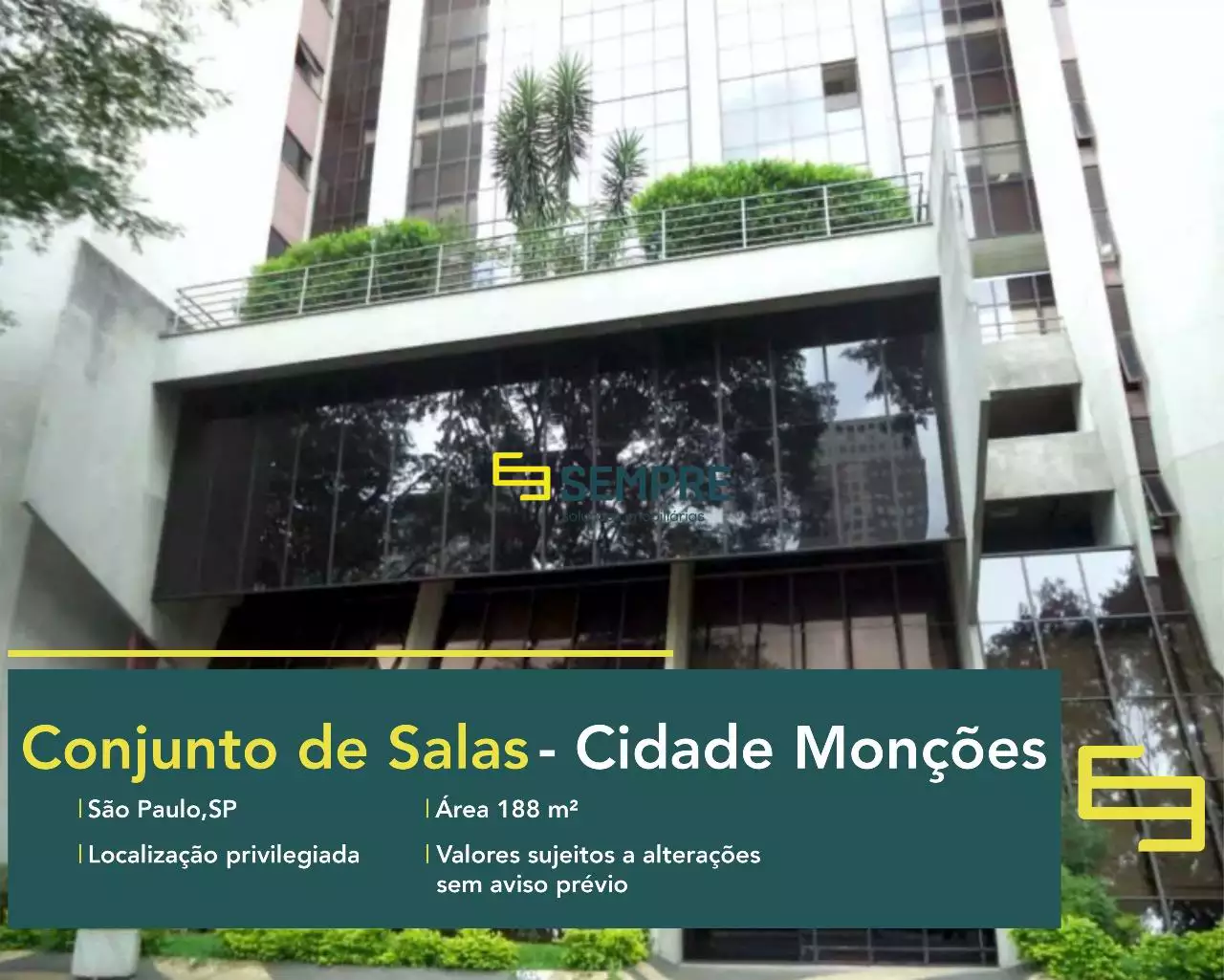 Conjunto de salas para locação na Cidade Monções em São Paulo, em excelente localização. O ponto comercial conta com área de 188,32 m².