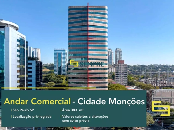 Andar corporativo na Cidade Monções para alugar em São Paulo, em excelente localização. O ponto comercial conta com área de 383 m².