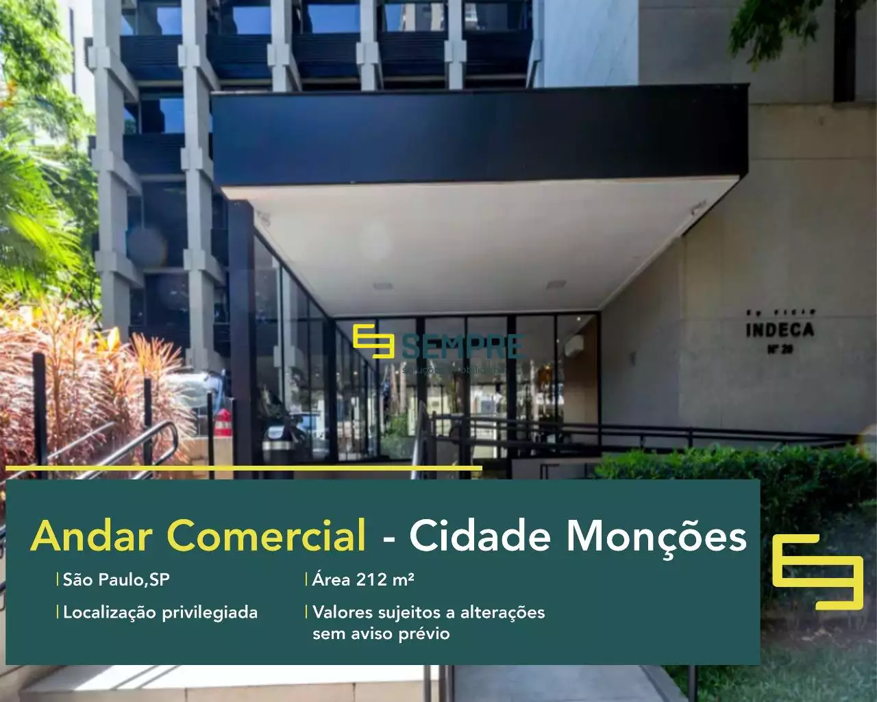 Andar comercial no edifício Indeca disponível para locação em SP, em excelente localização. O ponto comercial conta com área de 212,40 m².