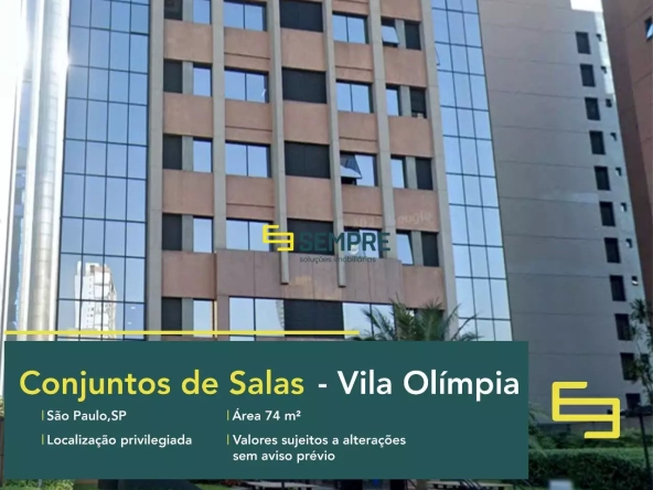 Conjunto de salas em São Paulo para locação, em excelente localização. O ponto comercial conta com área de 74,36 m².