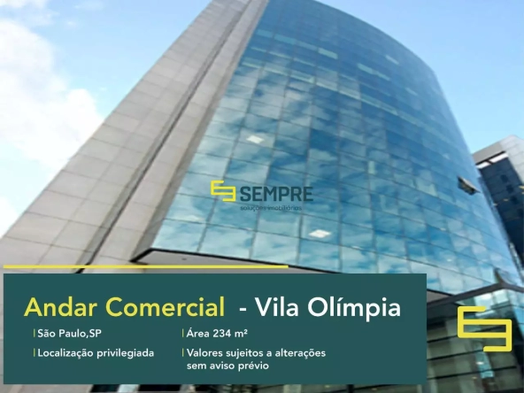 Andar corporativo no Edifício Pilar para alugar em SP - Vila Olímpia, em excelente localização. O ponto comercial conta com área de 234 m².