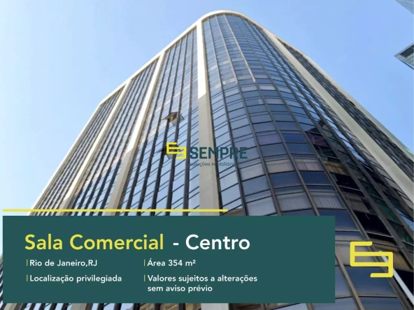 Sala comercial à venda no Centro do Rio de Janeiro, em excelente localização. O ponto comercial conta com área de 354 m².