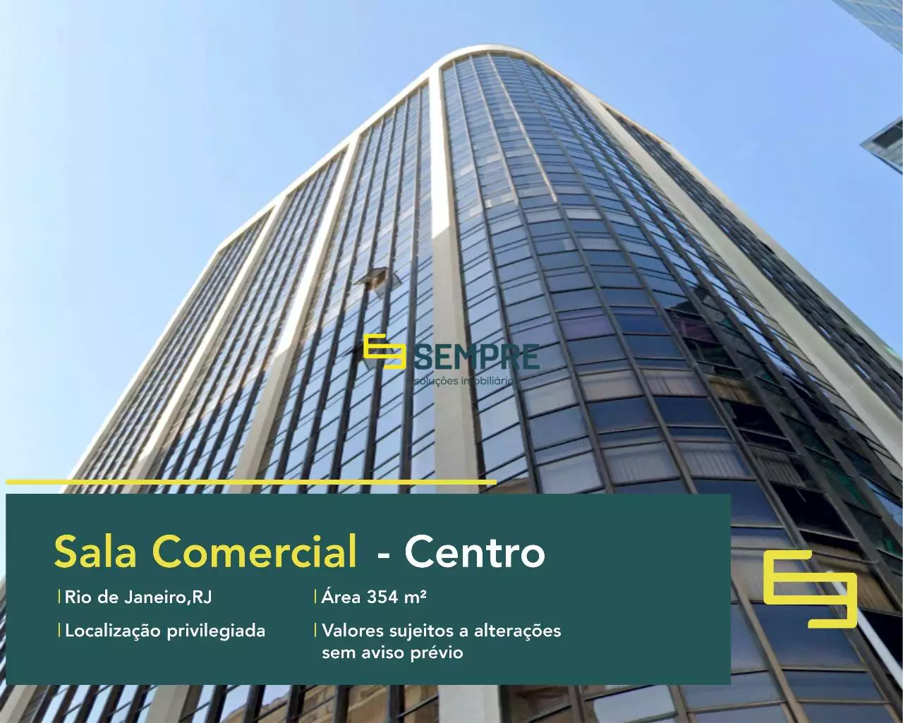 Sala comercial à venda no Centro do Rio de Janeiro, em excelente localização. O ponto comercial conta com área de 354 m².