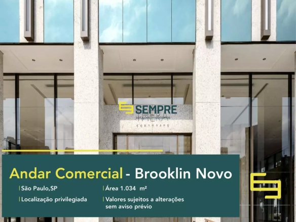 Andar corrido no Brooklin Novo para locação em SP, em excelente localização. O ponto comercial conta com área de 1.034 m².