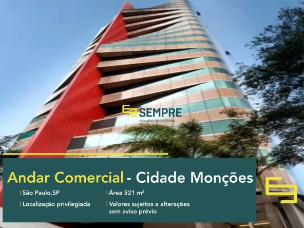 Andar corporativo no Edifício Berrini 500 para alugar em São Paulo, em excelente localização. O ponto comercial conta com área de 521 m².