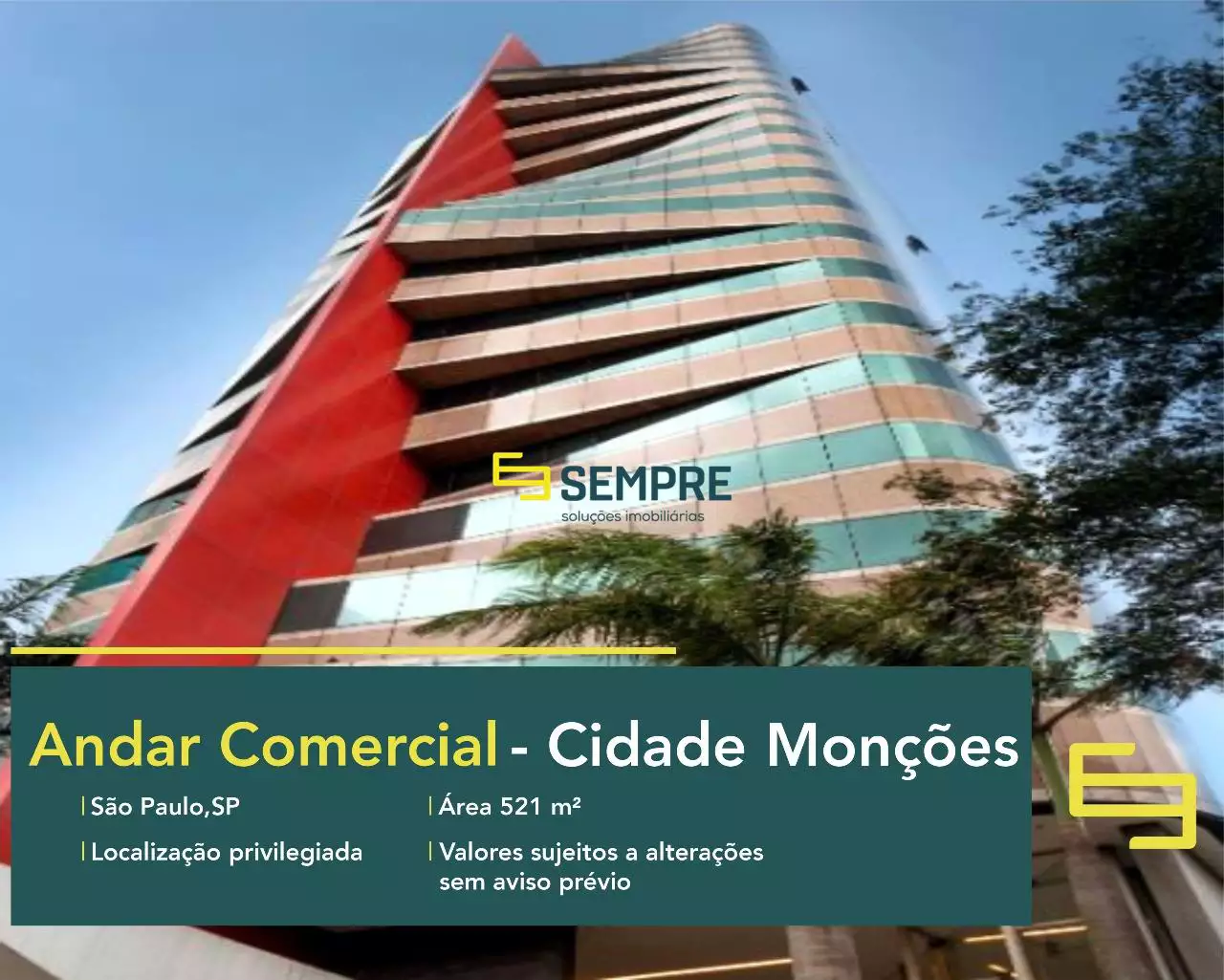 Andar corporativo no Edifício Berrini 500 para alugar em São Paulo, em excelente localização. O ponto comercial conta com área de 521 m².
