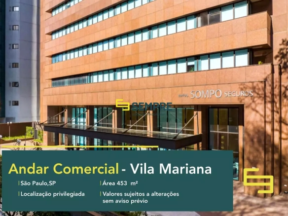 Andar comercial no Ed Sompo para locação em São Paulo, em excelente localização. O ponto comercial conta com área de 453 m².