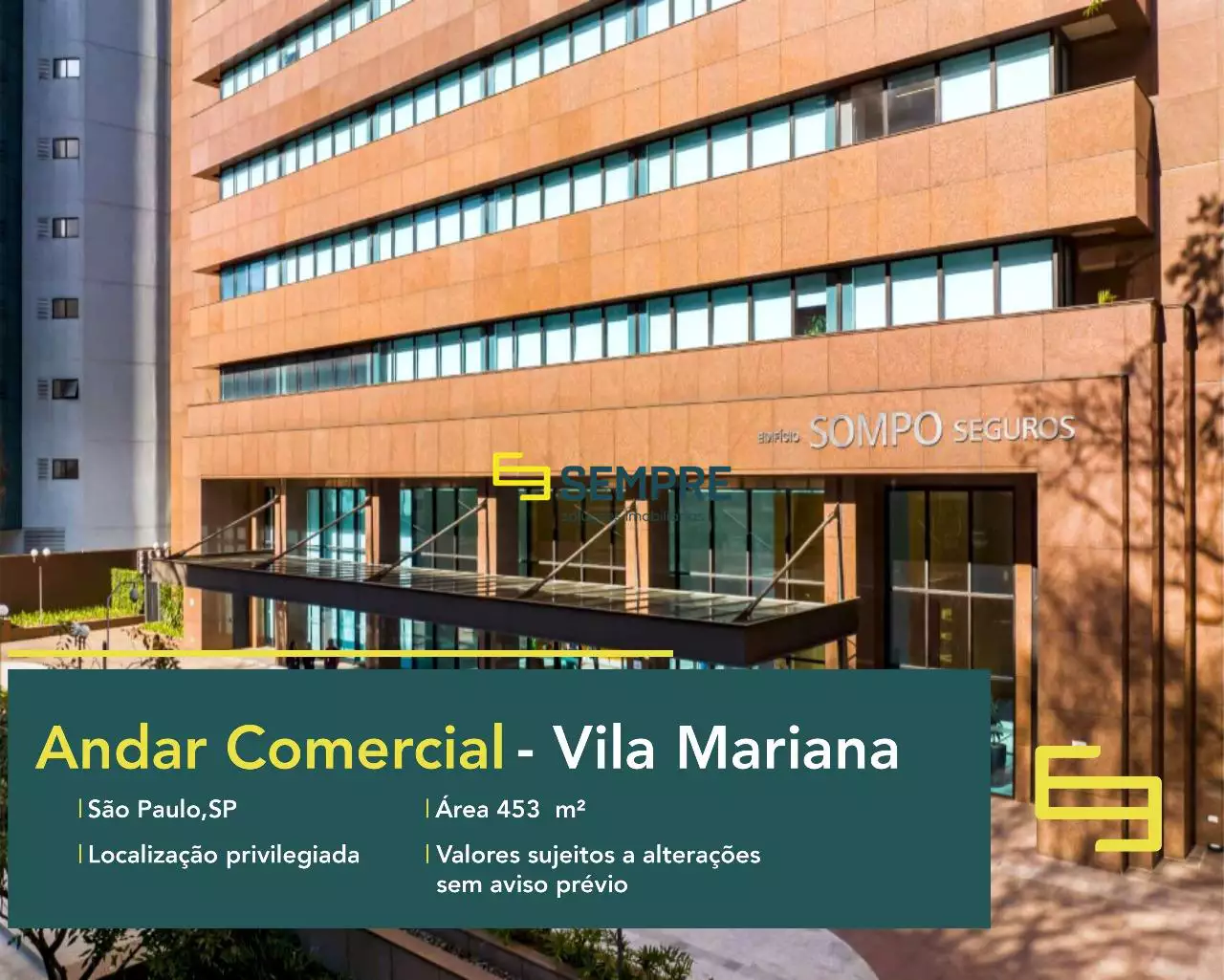 Andar comercial no Ed Sompo para locação em São Paulo, em excelente localização. O ponto comercial conta com área de 453 m².