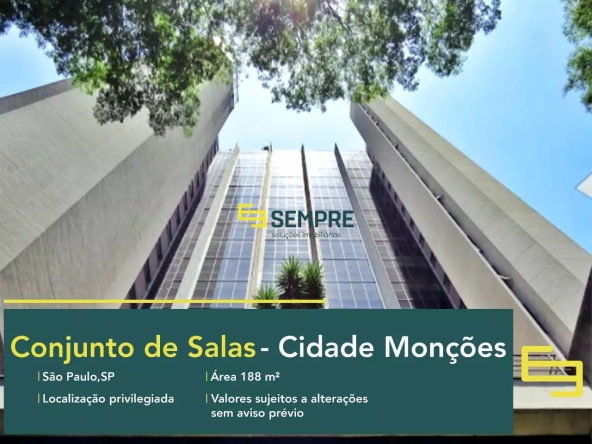 Conjunto de salas para alugar na Cidade Monções em São Paulo, em excelente localização. O ponto comercial conta com área de 188,32 m².