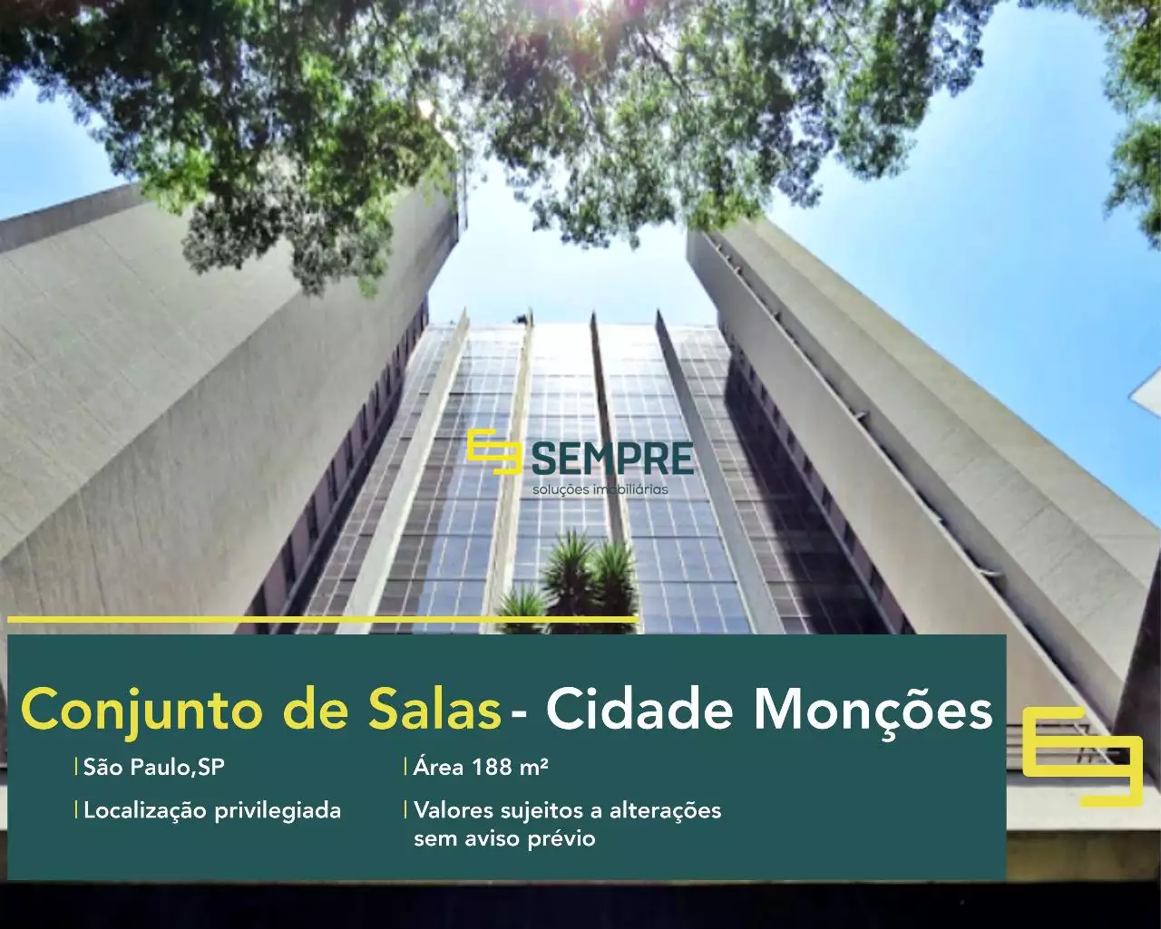 Conjunto de salas para alugar na Cidade Monções em São Paulo, em excelente localização. O ponto comercial conta com área de 188,32 m².