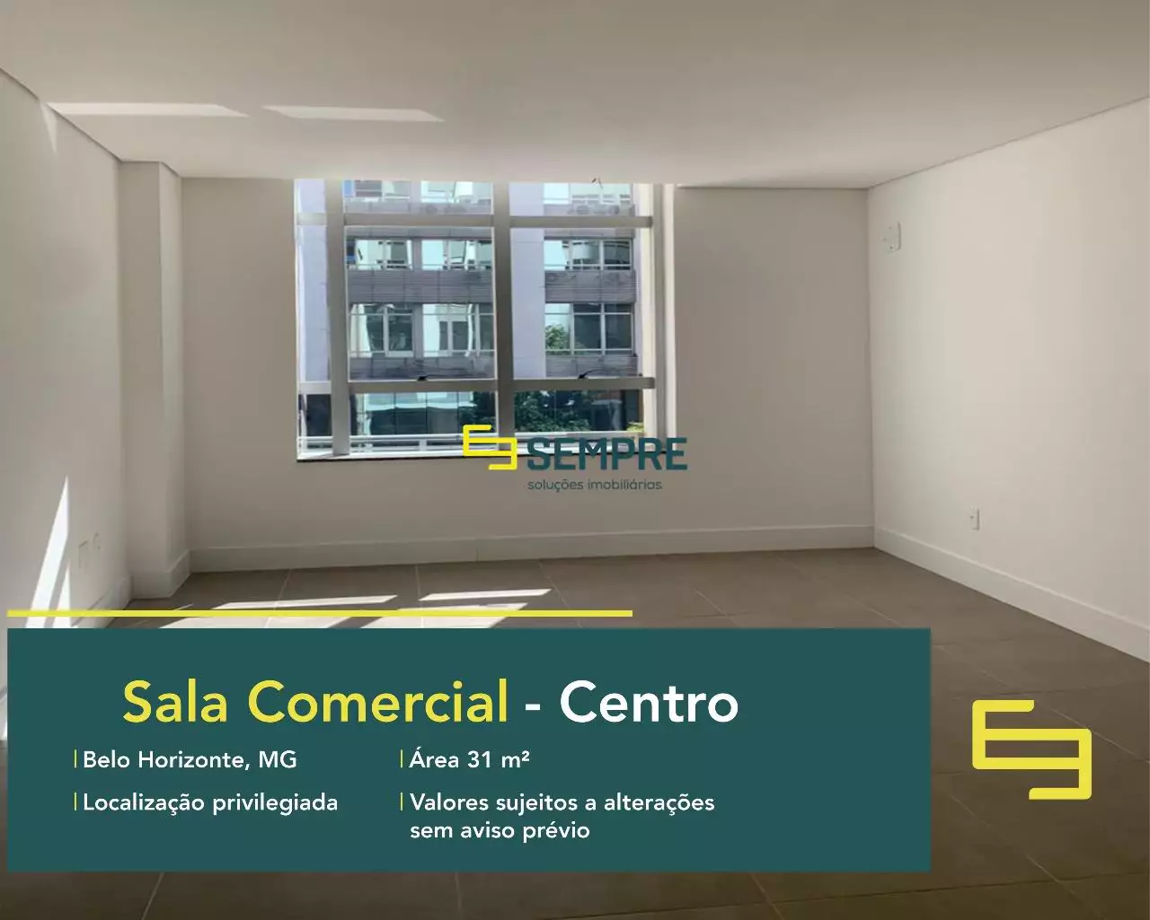 Aluguel de sala comercial em Belo Horizonte no Centro, em excelente localização. O ponto comercial conta com área de 31,34 m².
