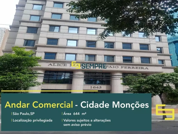 Andar corrido para locação em SP - Cidade Monções, em excelente localização. O ponto comercial conta com área de 644 m².