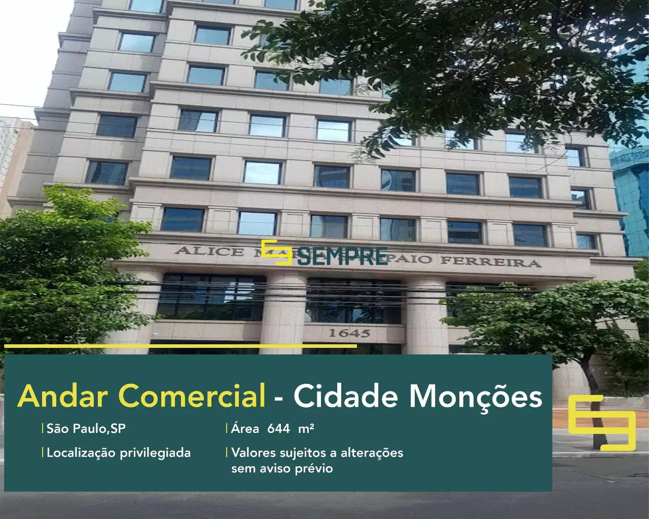 Andar corrido para locação em SP - Cidade Monções, em excelente localização. O ponto comercial conta com área de 644 m².