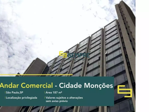 Andar comercial no Cidade Monções para locação em São Paulo, em excelente localização. O ponto comercial conta com área de 187 m².
