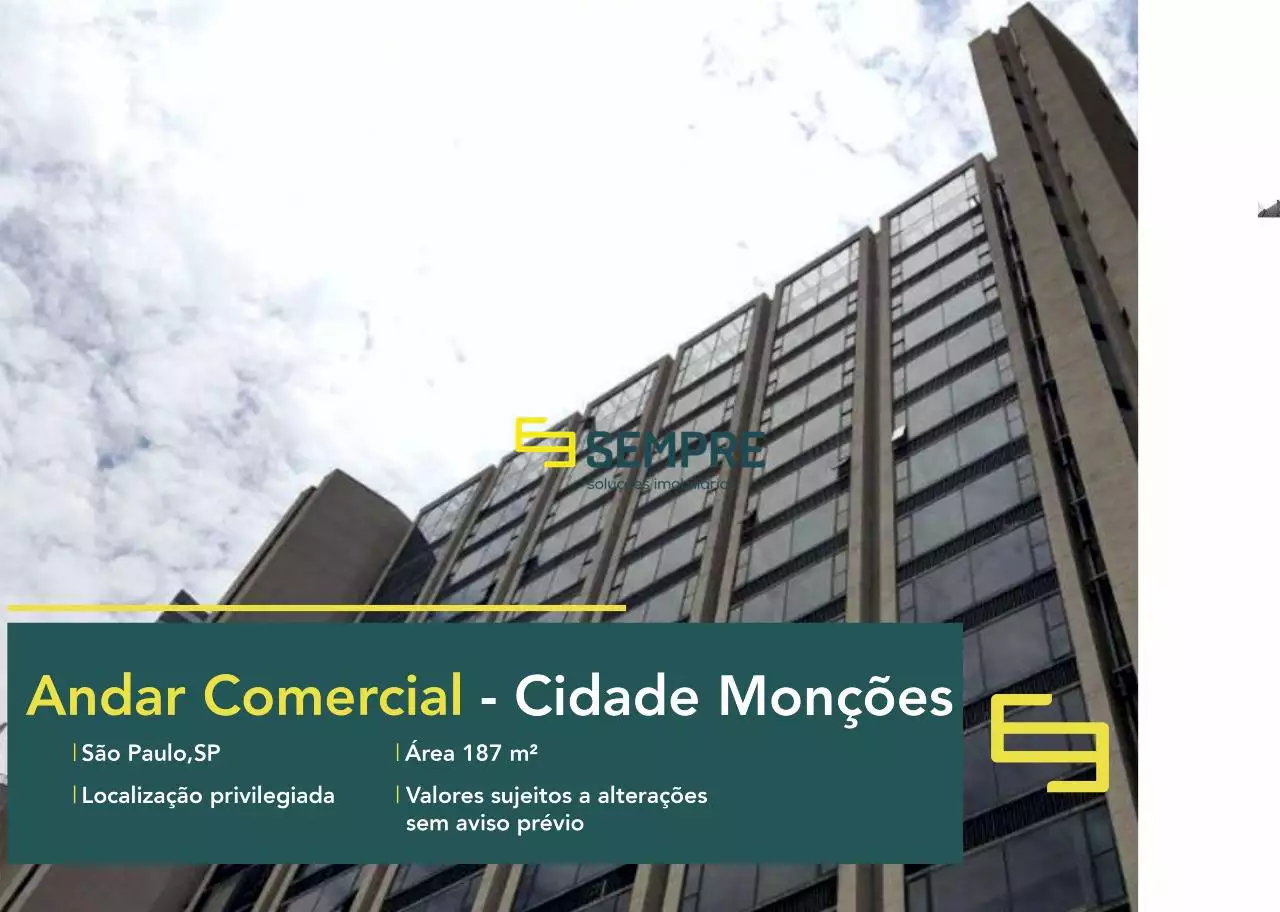 Andar comercial no Cidade Monções para locação em São Paulo, em excelente localização. O ponto comercial conta com área de 187 m².