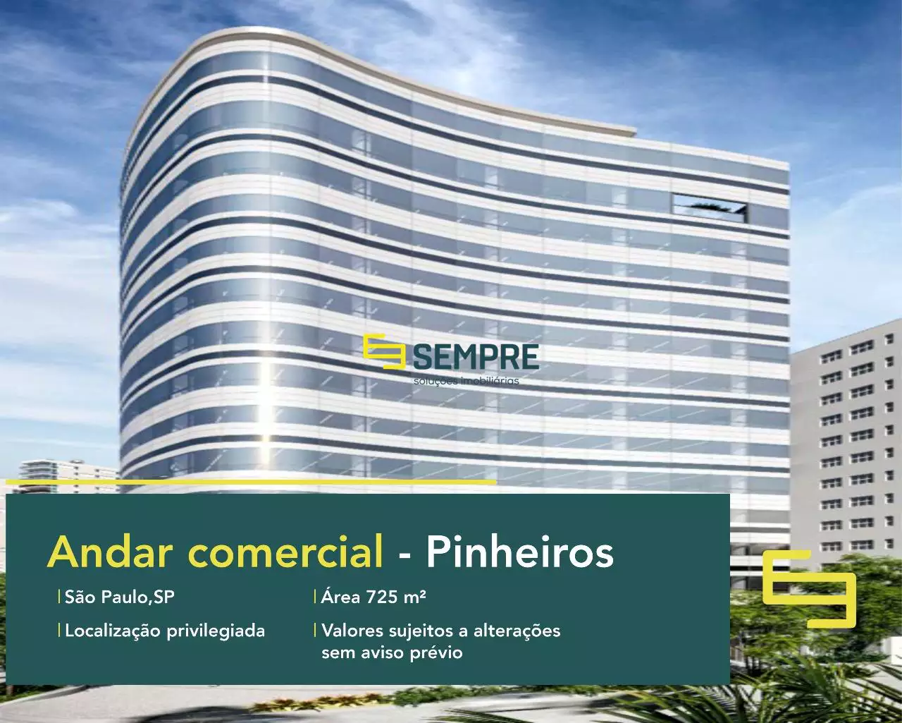 Andar corrido em São Paulo para alugar no bairro Pinheiros, em excelente localização. O ponto comercial conta com área de 725 m².