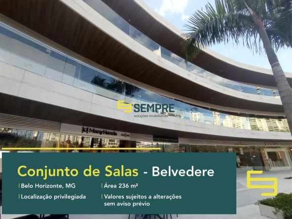 Conjunto de sala comercial no Belvedere para alugar em BH, em excelente localização. O estabelecimento comercial conta com área de 236 m².