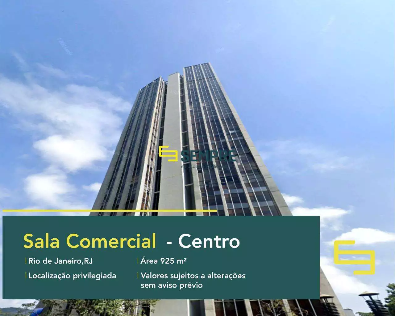 Sala comercial no Centro do RJ para locação - Edifício Castello Branco. O estabelecimento comercial conta com área de 925 m².