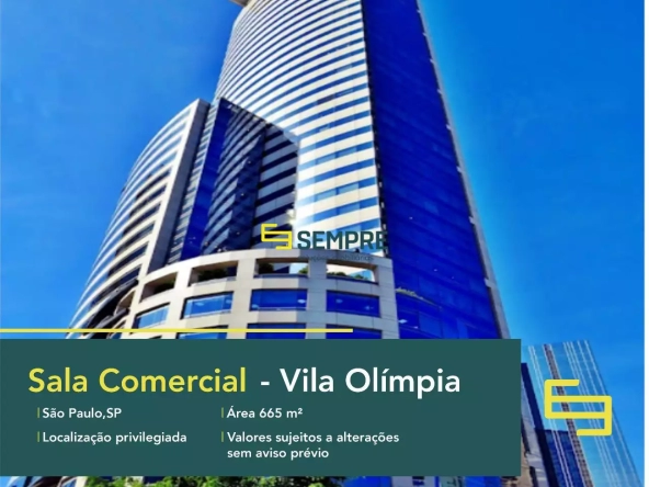 Sala comercial para alugar no Vila Olímpia em São Paulo, em excelente localização. O ponto comercial conta com área de 665,20 m².