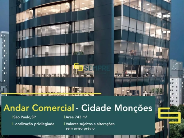 Laje corporativa para alugar em SP - Edifício Vista Nações Unidas. O estabelecimento comercial conta com área de 743,24 m².