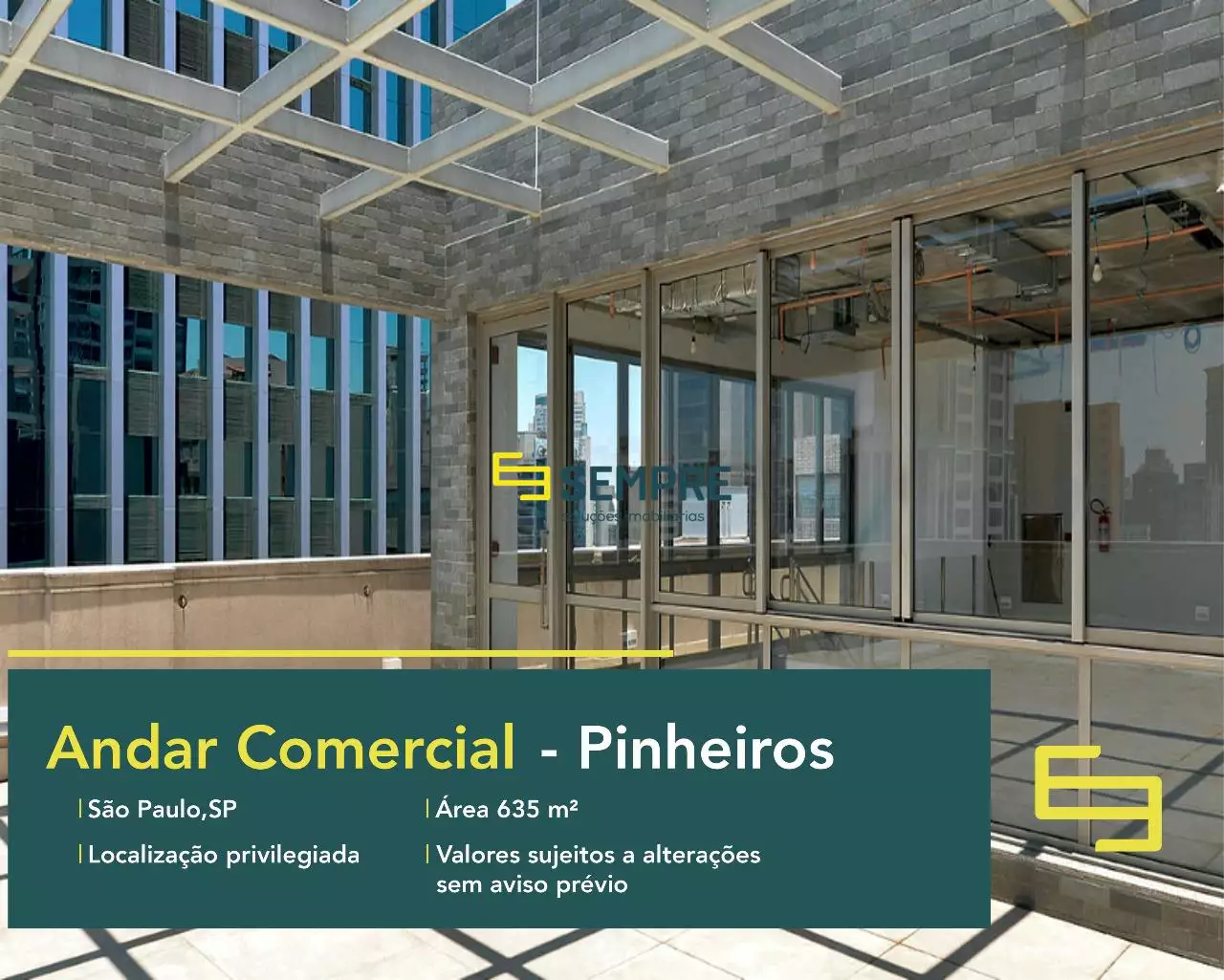 Andar corporativo para locação no Pinheiros em São Paulo, em excelente localização. O ponto comercial conta com área de 635,55 m².