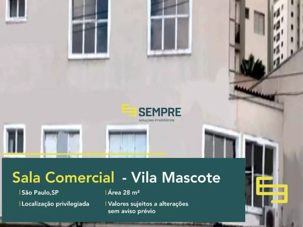 Sala comercial na Vila Mascote para locação em São Paulo. O estabelecimento comercial conta com área de 28 m².