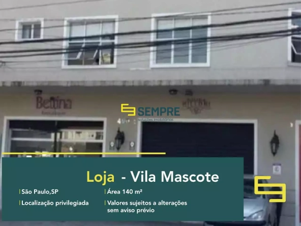 Loja no Vila Mascote para alugar em São Paulo, excelente localização. O estabelecimento comercial conta com área de 140 m².