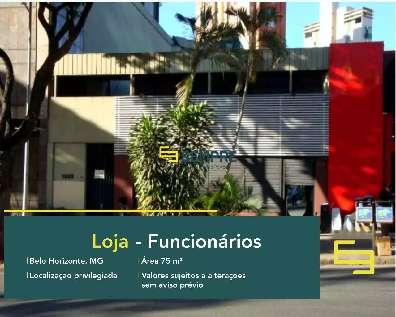 Loja no Funcionários para alugar em Belo Horizonte, excelente localização. O estabelecimento comercial conta com área de 75 m².