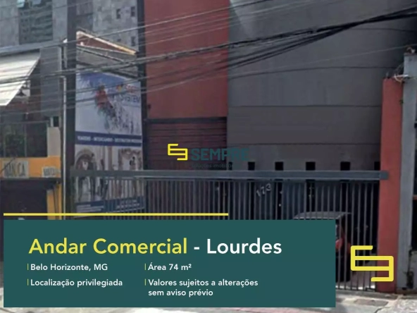 Andar comercial no Lourdes para locação em Belo Horizonte, em excelente localização. O ponto comercial conta com área de 74 m².