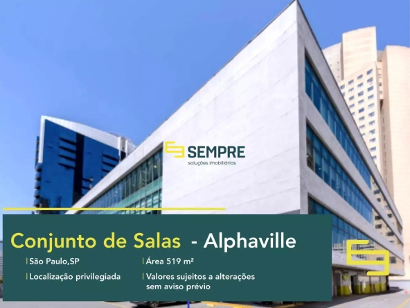 Conjunto de sala corporativa no Edifício Alphaville para locação em São Paulo. O estabelecimento comercial conta com área de 519,73 m².