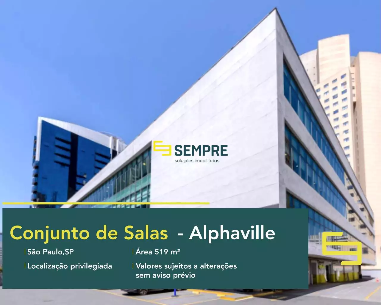 Conjunto de sala corporativa no Edifício Alphaville para locação em São Paulo. O estabelecimento comercial conta com área de 519,73 m².