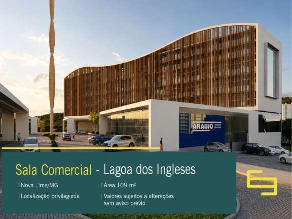 Sala Comercial à Venda no Alphaville Lagoa dos Ingleses, Nova Lima, com 105 m², 3 vagas, ar-condicionado e excelente localização.
